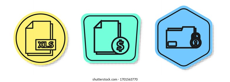 Set line XLS file document, Finance document and Folder and lock. Colored shapes. Vector