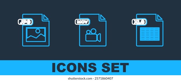 Set line XLS file document, JPG and MOV icon. Vector