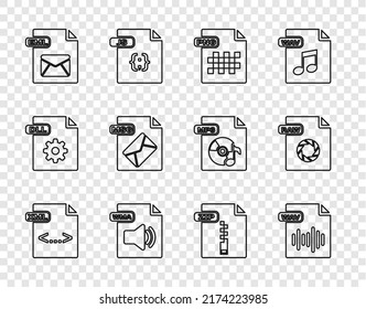Set line XML file document, WAV, PNG, WMA, EML, MSG, ZIP and RAW icon. Vector