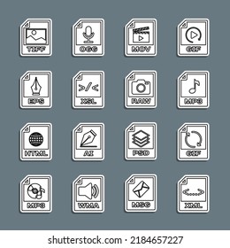 Set line XML file document, GIF, MP3, MOV, XSL, EPS, TIFF and RAW icon. Vector