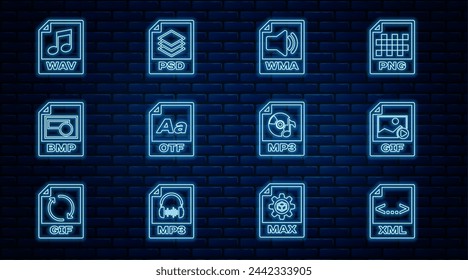 Set line XML file document, GIF, WMA, OTF, BMP, WAV, MP3 and PSD icon. Vector