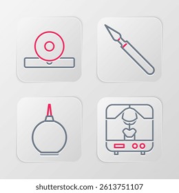 Set line X-ray machine, Enema, Medical surgery scalpel and Otolaryngological head reflector icon. Vector