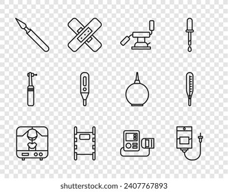 Set line X-ray machine, IV bag, Medical dental chair, Stretcher, surgery scalpel, digital thermometer, Blood pressure and  icon. Vector