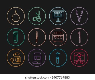 Ajuste la línea de la máquina de rayos X, el cepillo de dientes, la tabla de pruebas oculares, la sierra médica, el tubo de ensayo con sangre, Enema, y el icono del matraz y las tijeras. Vector