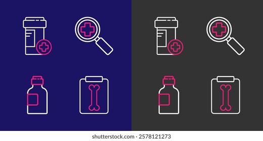 Set line X-ray shots, Bottle of medicine syrup, Magnifying glass for search medical and Medicine bottle icon. Vector