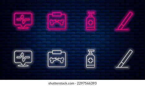 Fijar líneas de rayos X con hueso roto, jabón antibacteriano, frecuencia cardíaca y escote quirúrgico. Icono de neón brillante en la pared de ladrillo. Vector