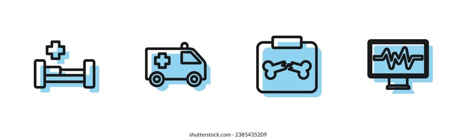 Set line X-ray shots with broken bone, Hospital bed, Ambulance car and Monitor cardiogram icon. Vector