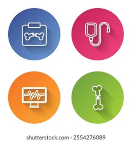 Set line X-ray shots with broken bone, IV bag, Monitor cardiogram and Human. Color circle button. Vector
