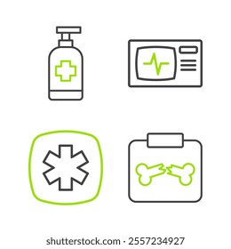 Set line X-ray shots with broken bone, Emergency Star of Life, Monitor cardiogram and Antibacterial soap icon. Vector