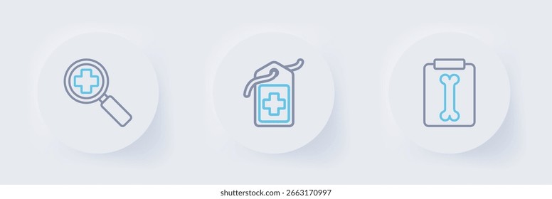 Set line X-ray shots, Cross hospital medical tag and Magnifying glass for search icon. Vector