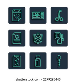 Set line X-ray shots, Eye drop bottle, Sperm, Medical scissors, Life insurance in hand, Clinical record, Doctor appointment and IV bag icon. Vector