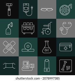 Fijar las tomas de rayos X en línea, botiquín de primeros auxilios, Stethoscope, gafas de alternancia de seguridad, tubo de ensayo y matraz, máscara de oxígeno médico, martillo reflexivo de neurología y silla de ruedas para personas discapacitadas. Vector
