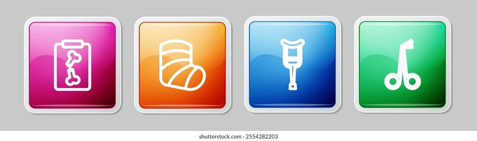 Set line X-ray shots, Gypsum, Crutch or crutches and Medical scissors. Colorful square button. Vector