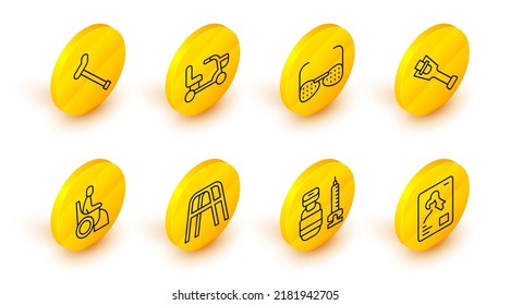 Set line X-ray shots, Syringe, Walker, Woman wheelchair, Prosthesis leg, Blind glasses, Electric and Walking stick cane icon. Vector
