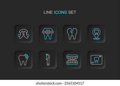 Set line X-ray of tooth, Dentures model, Dental floss, Broken, clinic location, Teeth with braces and plate icon. Vector