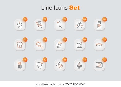 Set line X-ray of tooth, Syringe, Toothache painkiller tablet, Broken, Dental mirror and probe, Safety goggle glasses, floss and with caries drill icon. Vector