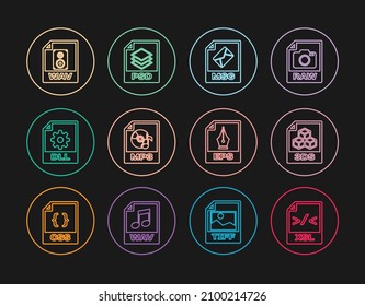 Set line XSL file document, 3DS, MSG, MP3, DLL, WAV, EPS and PSD icon. Vector