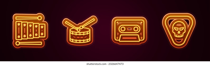 Set line Xylophone, Drum with drum sticks, Retro audio cassette tape and Guitar pick. Glowing neon icon. Vector