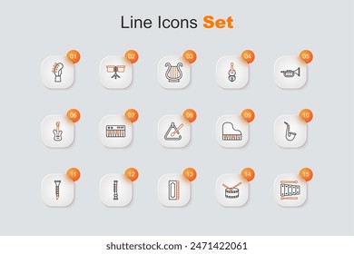 Set line Xylophone, Drum with drum sticks, Harmonica, Flute, Clarinet, Saxophone, Grand piano and Triangle musical instrument icon. Vector