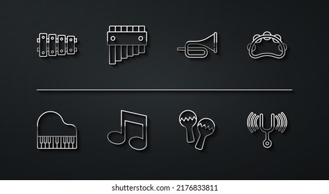 Set line Xylophone, Grand piano, Tambourine, Maracas, Music note, tone, Pan flute, Musical tuning fork and Trumpet icon. Vector