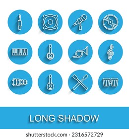 Set line Xylophone, Guitar, Audio jack, Drum sticks, Banjo, Treble clef and Trumpet icon. Vector
