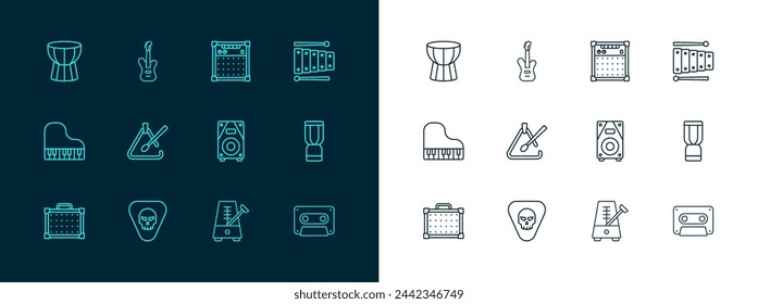 Set line Xylophone, Guitar pick, Stereo speaker, Metronome with pendulum, Triangle musical instrument, amplifier, African darbuka drum and Electric bass guitar icon. Vector