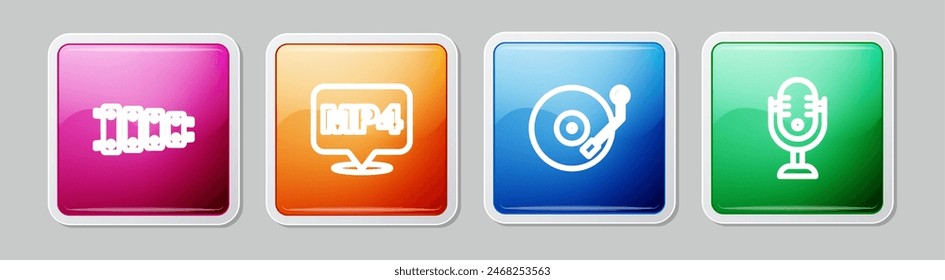 Set line Xylophone, MP4 file document, Vinyl player and Microphone. Colorful square button. Vector