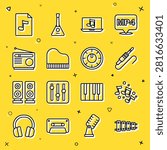 Set line Xylophone, Music note, tone, Audio jack, Laptop with music, Grand piano, Radio, MP3 file document and Sound mixer controller icon. Vector