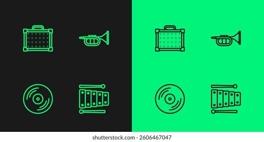 Set line Xylophone, Vinyl disk, Guitar amplifier and Trumpet icon. Vector