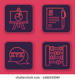 Set line XYZ Coordinate system, Calculator, Open book and Graph, schedule, chart, diagram. Blue square button. Vector