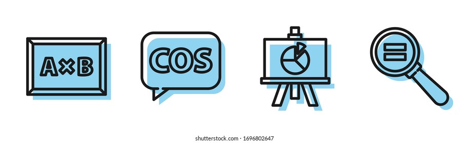 Set line XYZ Coordinate system, Calculation, Tablet with calculator and Paper clip icon. Vector