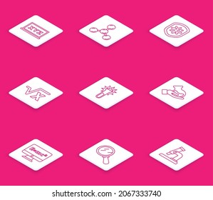 Set line XYZ Coordinate system, Molecule, Shield protecting from virus, Square root of x glyph, Test tube and flask, Equation solution and Magnifying glass icon. Vector
