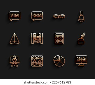 Set line XYZ Coordinate system, Square root, Human brain, Abacus, Graph, schedule, chart, diagram, Chalkboard and Triangle math icon. Vector