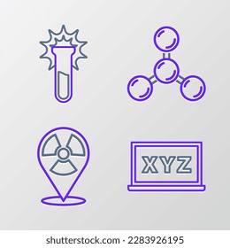 Set line XYZ Coordinate system, Radioactive location, Molecule and Test tube and flask icon. Vector