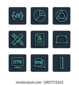 Set line XYZ Coordinate system, Ruler, Triangle math, Function mathematical symbol, Crossed ruler and pencil, Square root of x glyph and Acute trapezoid shape icon. Vector