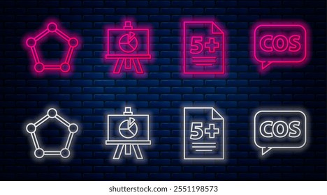 Set line XYZ Coordinate system, Calculator, Geometric figure Sphere and Tablet with calculator. Glowing neon icon on brick wall. Vector