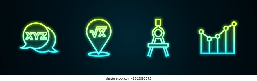 Set line XYZ Coordinate system, Square root of x glyph, Drawing compass and Graph, schedule, chart, diagram. Glowing neon icon. Vector