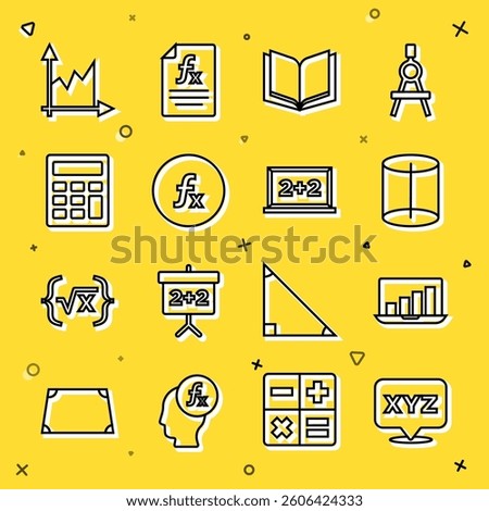 Set line XYZ Coordinate system, Laptop with graph chart, Geometric figure, Open book, Function mathematical symbol, Calculator, Graph, schedule, diagram and Chalkboard icon. Vector