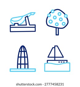 Set line Yacht sailboat, Agbar tower, Orange tree and Spanish jamon icon. Vector