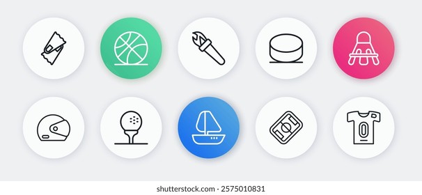 Set line Yacht sailboat, Badminton shuttlecock, Racing helmet, Football field, Hockey puck, Torch flame, jersey and t-shirt and Golf tee icon. Vector