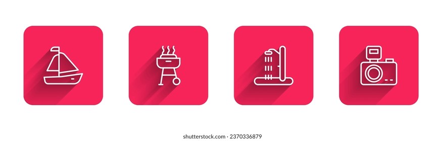 Set line Yacht sailboat, Barbecue grill, Beach shower and Photo camera with flash with long shadow. Red square button. Vector