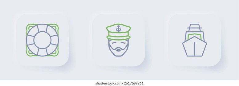 Set line Yacht sailboat, Captain of ship and Lifebuoy icon. Vector