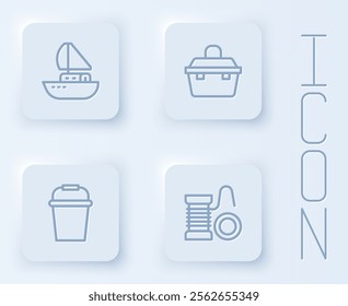 Set line Yacht sailboat, Case or box for fishing equipment, Fishing bucket and Spinning reel. White square button. Vector