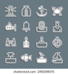 Set line Yacht sailboat, Compass, Sailor captain, Anchor, Ship bell, Submarine, Lighthouse and Location with anchor icon. Vector