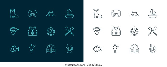 Set line Yacht sailboat, Fishing float, Compass, jacket, Fisherman hat, boots and Canned fish icon. Vector