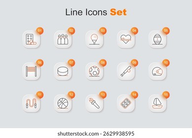 Set line Yacht sailboat, Football field, Torch flame, Basketball, Jump rope, Racing helmet, Baseball bat with and Soccer football icon. Vector
