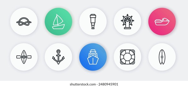 Yate de vela, Jet ski, Kayak y remo, Lifebuoy, Volante de barco, lente telescópica Spyglass, Tabla de surf y Ancla icono. Vector