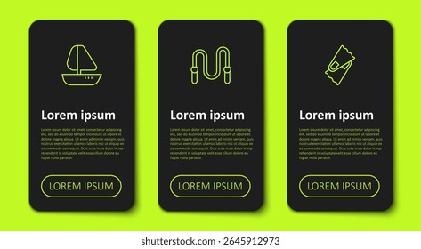 Set line Yacht sailboat, Jump rope and Flippers for swimming. Business infographic template. Vector
