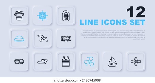 Set line Yacht sailboat, Kayak and paddle, Bird seagull, Boat propeller, Sailor hat, Inflatable with motor, Ship steering wheel and Striped sailor t-shirt icon. Vector