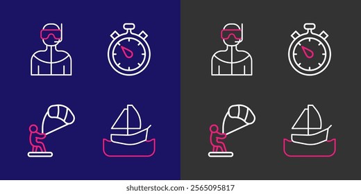 Set line Yacht sailboat, Kitesurfing, Stopwatch and Wetsuit for scuba diving icon. Vector